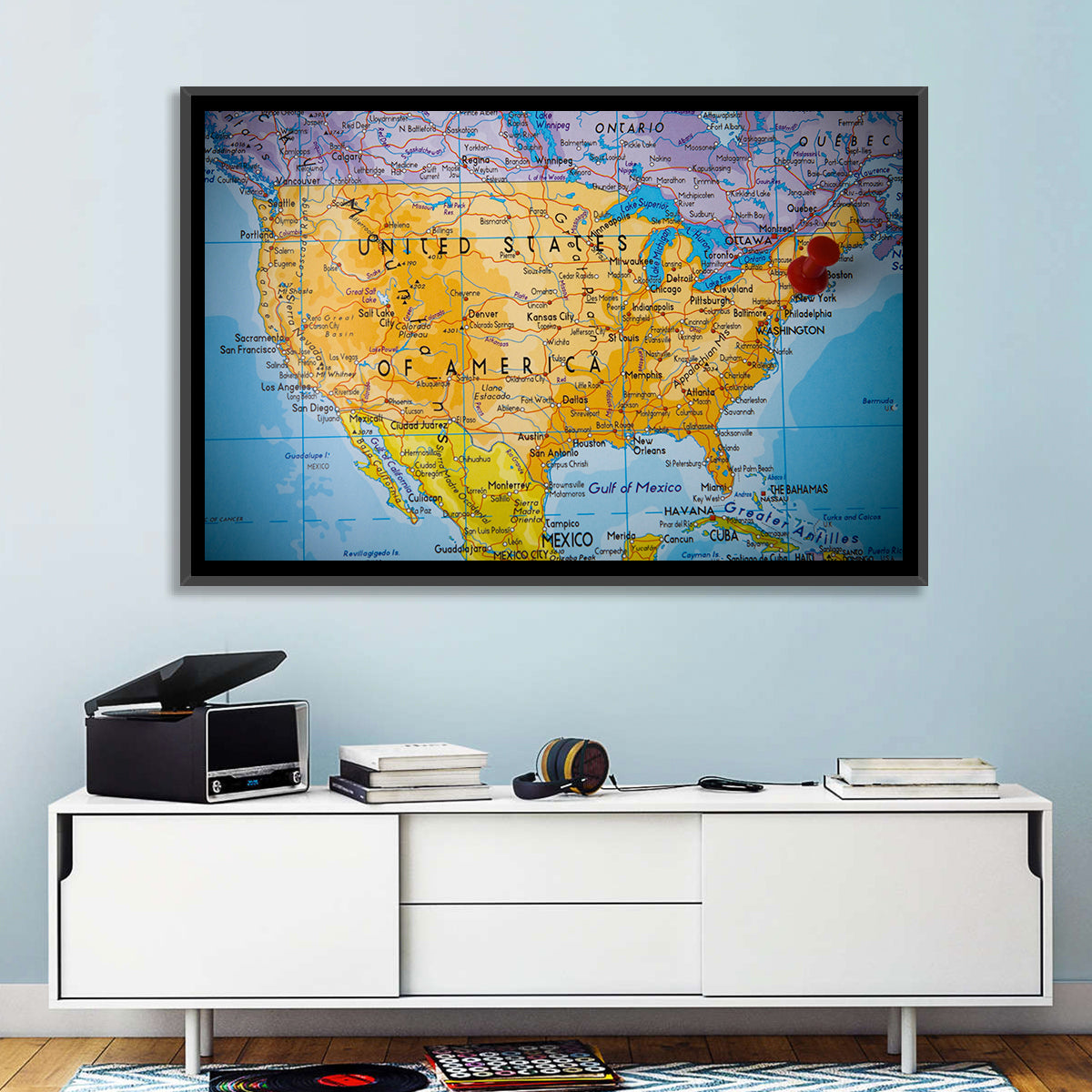 Vintage USA Map with Northeastern Pushpin Wall Art in a room, landscape