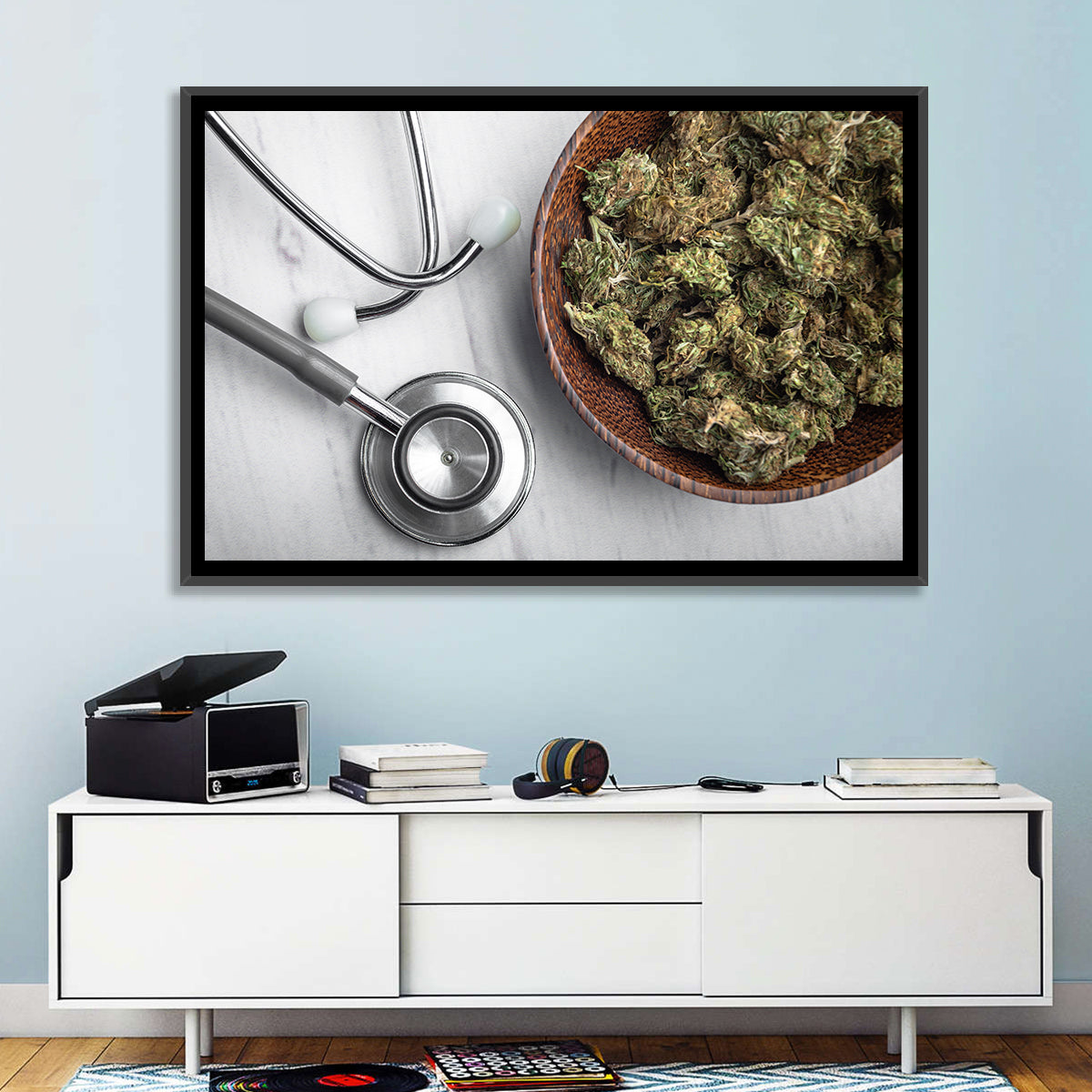 Stethoscope and Medical Cannabis Still Life Wall Art in a room, landscape