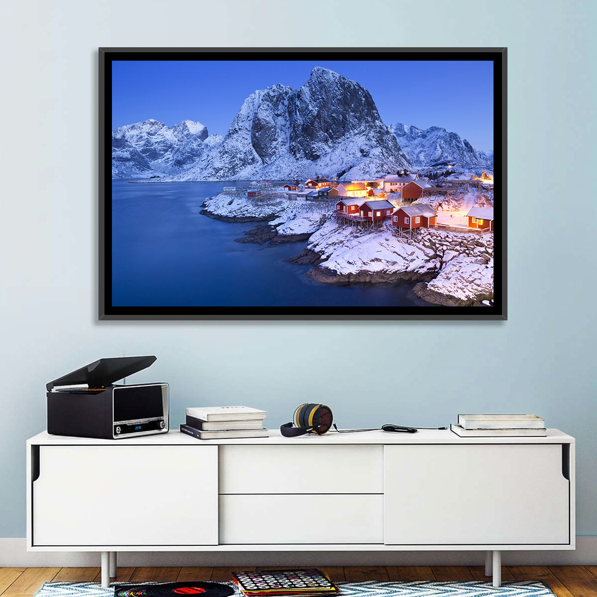 Hamnøy Red Cabins at Winter Dusk Wall Art in a room, landscape