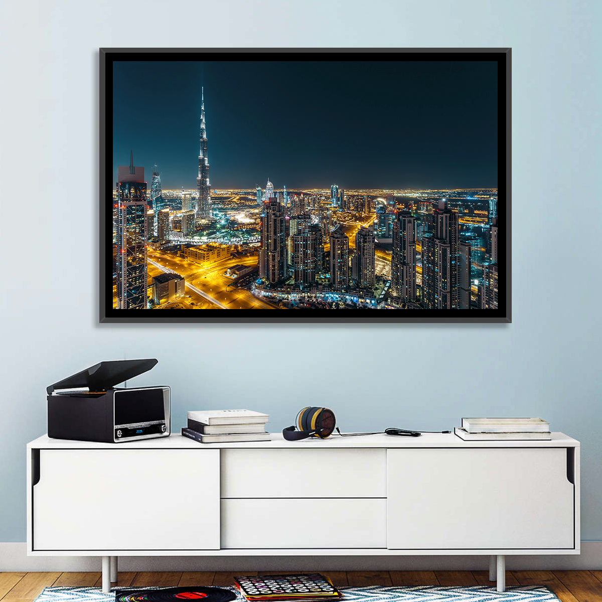 Dubai Night Skyline with Burj Khalifa Wall Art in a room, landscape