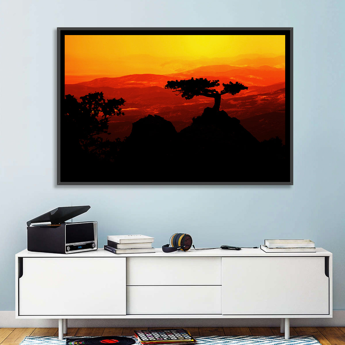 Gnarled Tree at African Sunset Wall Art in a room, landscape