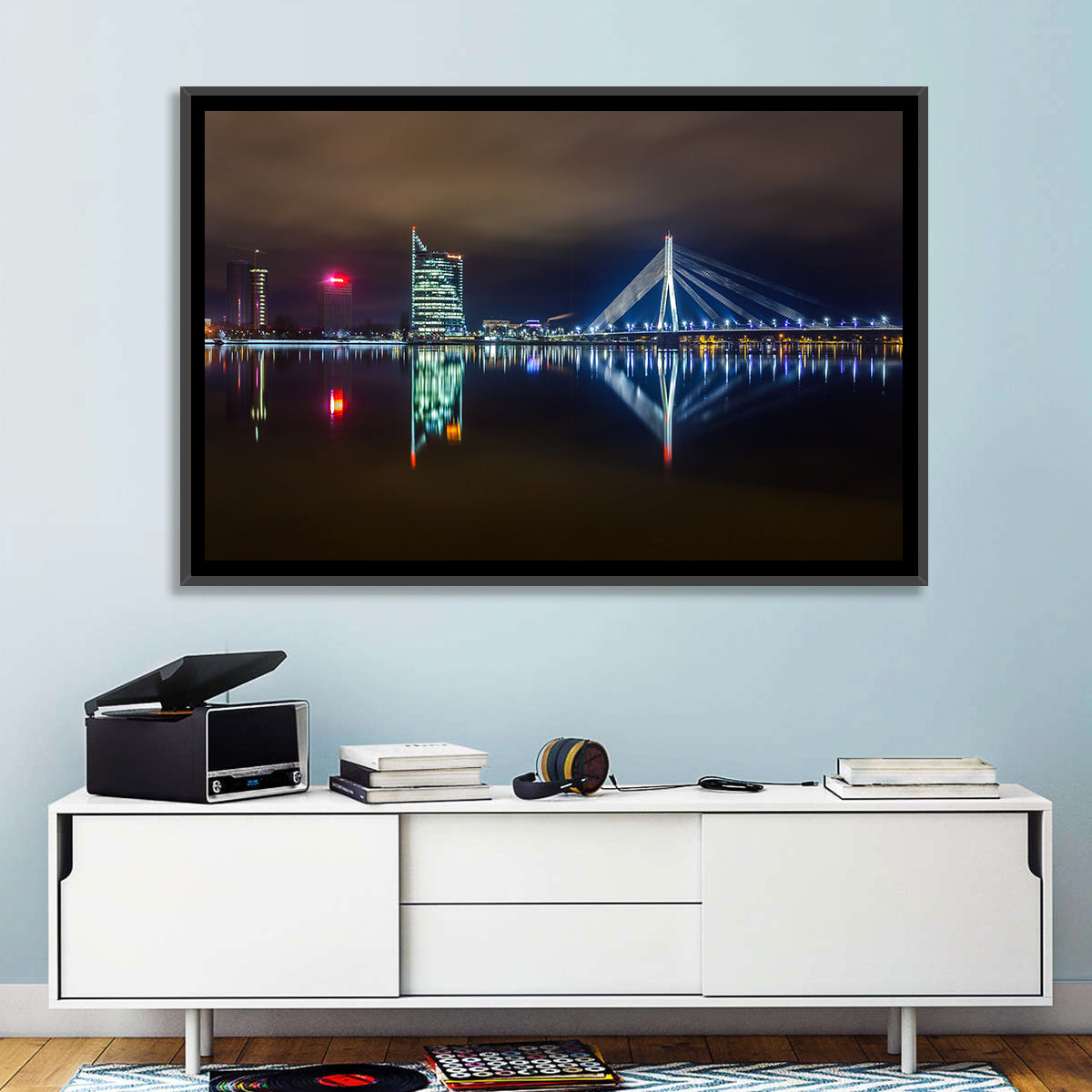 Vanšu Bridge Night Skyline Wall Art in a room, landscape