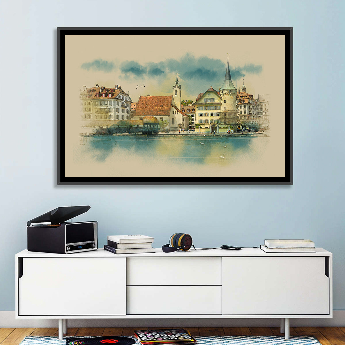 Lucerne Waterfront Sketch Wall Art in a room, landscape