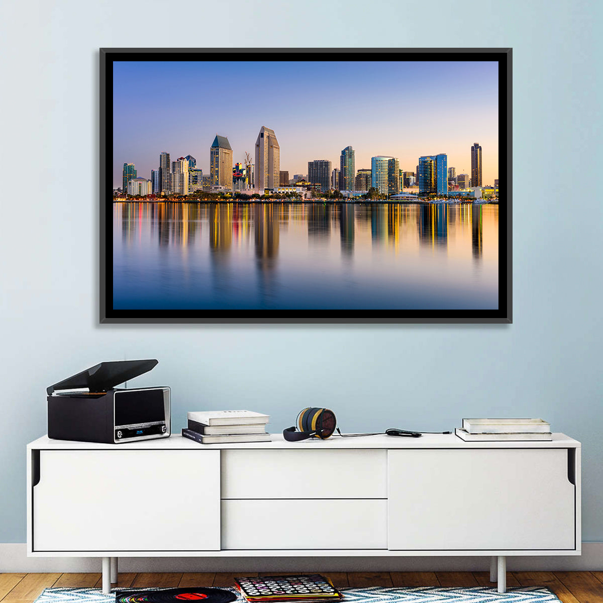 San Diego Skyline at Golden Dusk Wall Art in a room, landscape