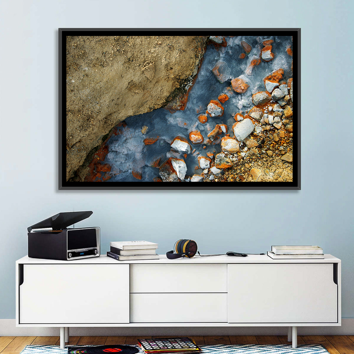 Milky Blue Geothermal Creek Wall Art in a room, landscape