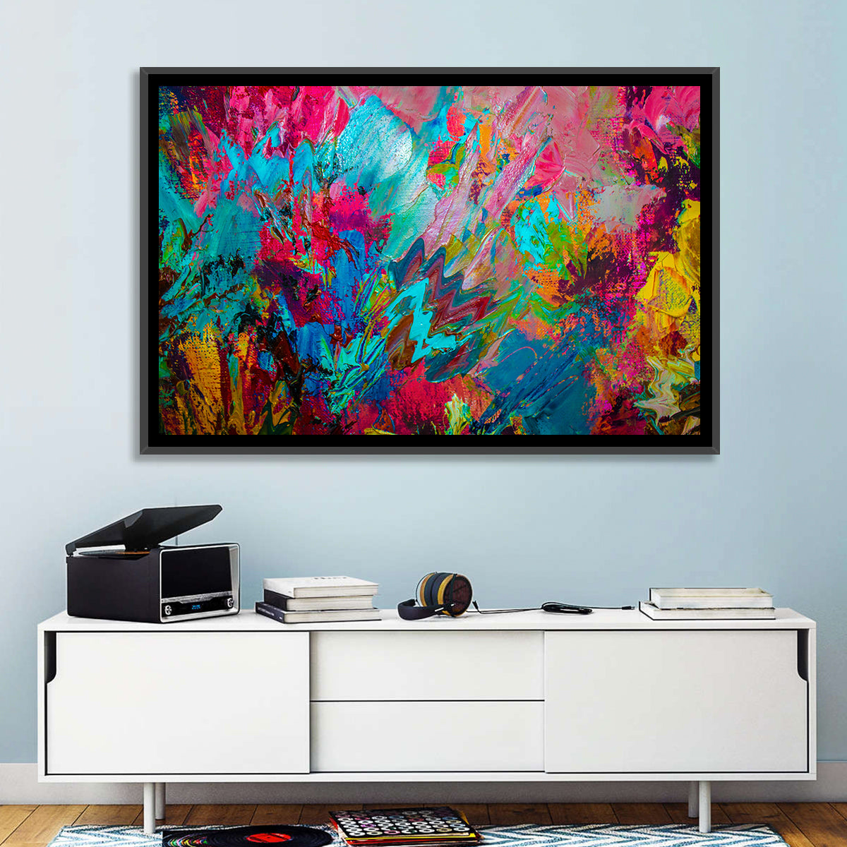 Vibrant Impasto Color Burst Abstract Wall Art in a room, landscape