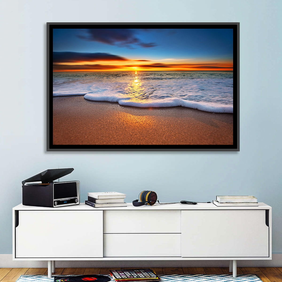 Sun Flare Beach Sunrise Wall Art in a room, landscape