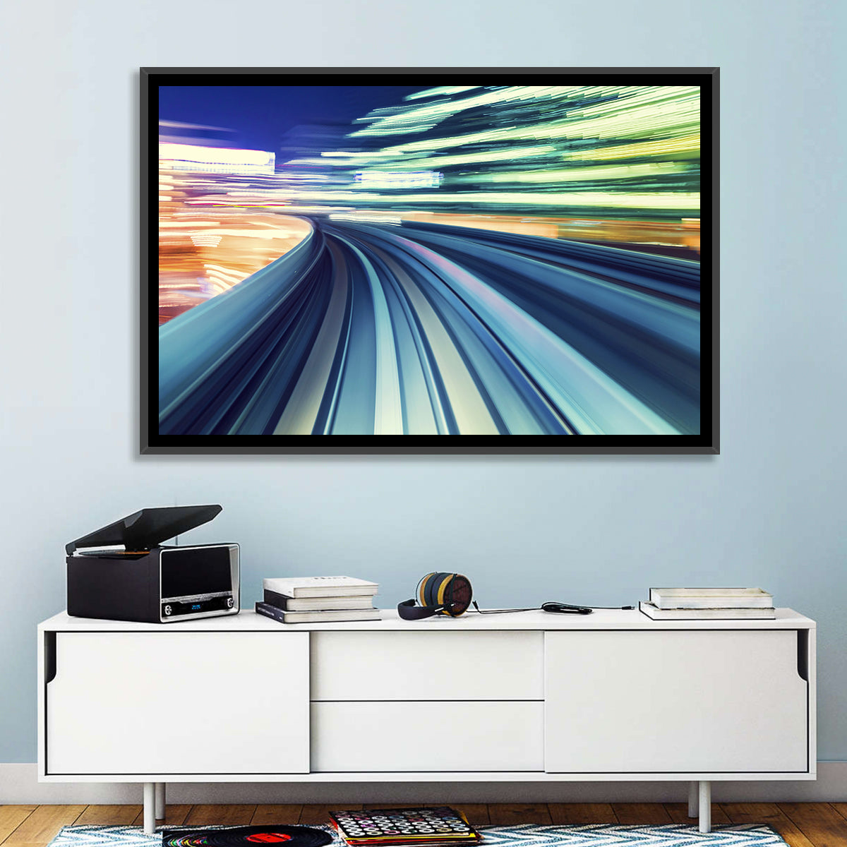 Curved Monorail Light Trails Wall Art in a room, landscape