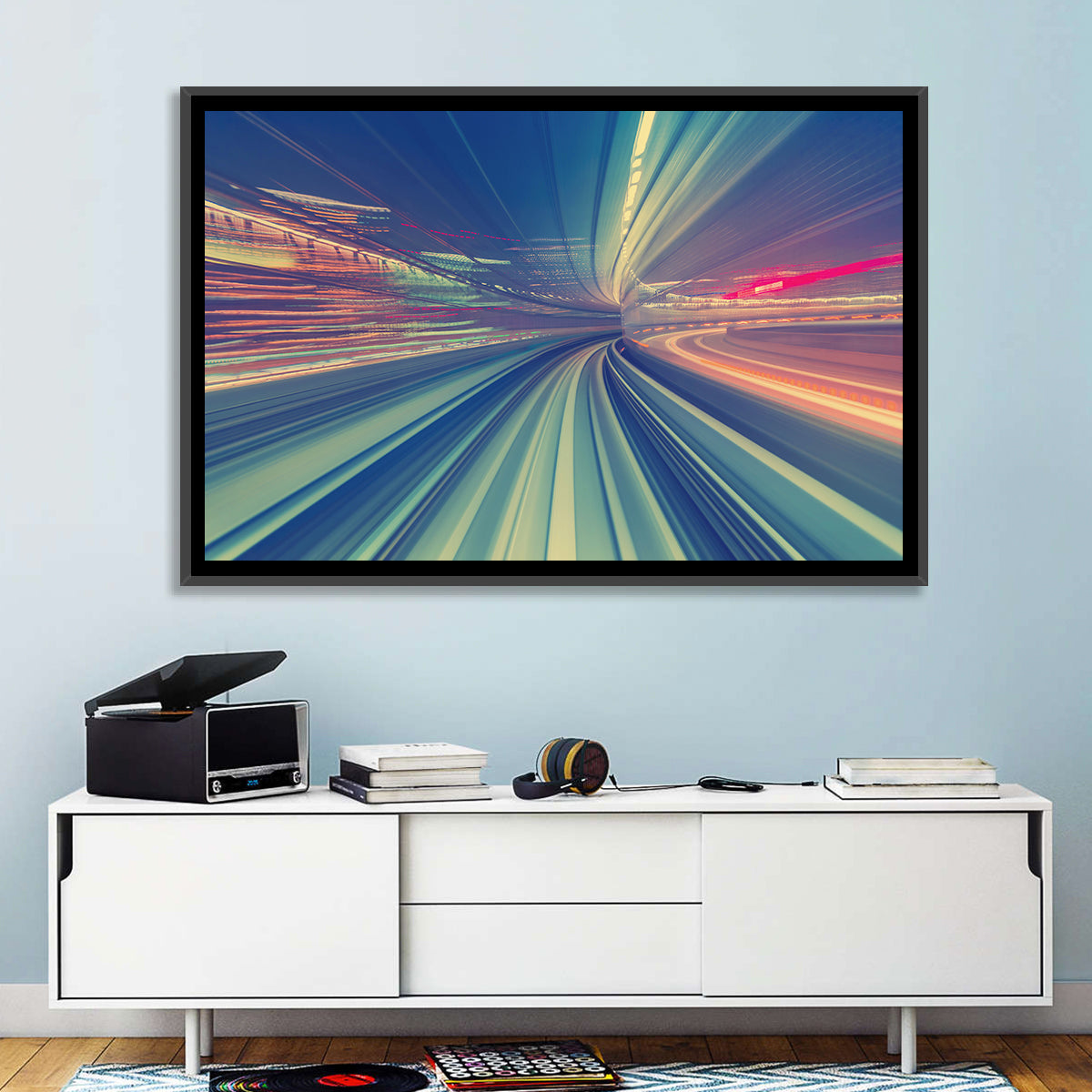 Monorail Night Light Trails Wall Art in a room, landscape