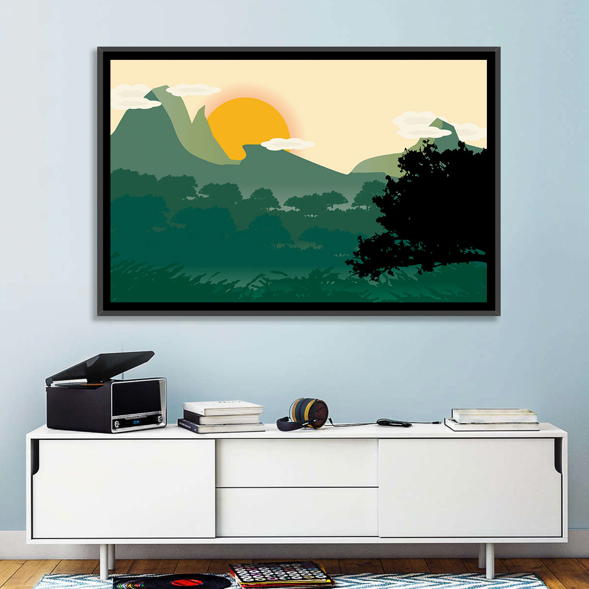 Geometric Mountain Forest Sunrise Wall Art in a room, landscape