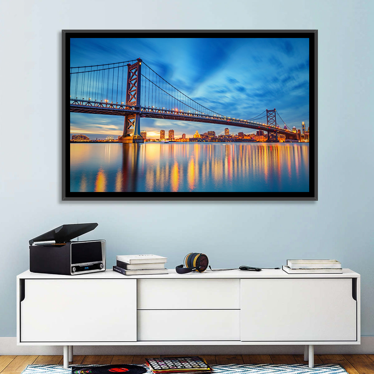 Benjamin Franklin Bridge Twilight Wall Art in a room, landscape
