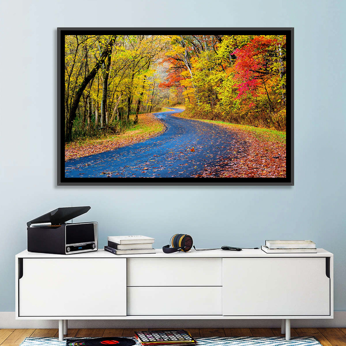 Wet Autumn Road Wall Art in a room, landscape