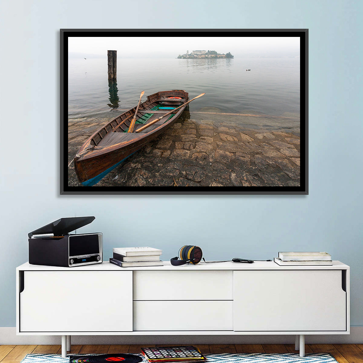 Rowboat on Lake Orta Wall Art in a room, landscape