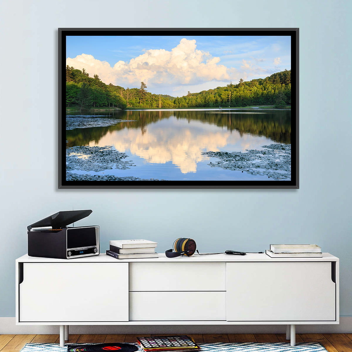 Bass Lake Reflection Wall Art in a room, landscape