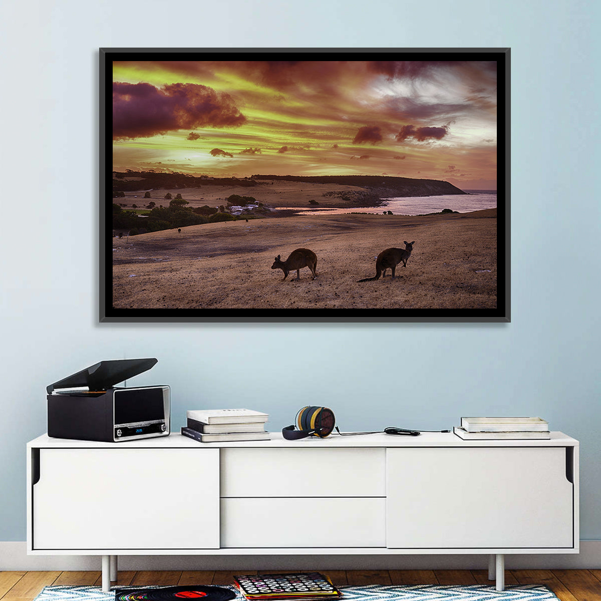 Two Kangaroos at Sunset Coast Wall Art in a room, landscape
