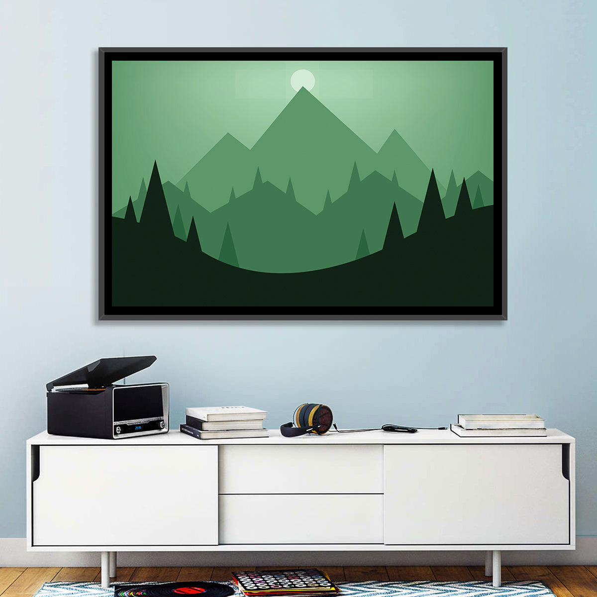 Geometric Mountain Sunset Illustration Wall Art in a room, landscape