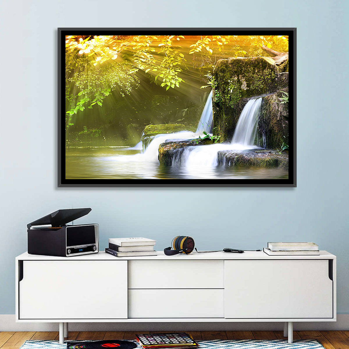 Sunlit Forest Waterfall Wall Art