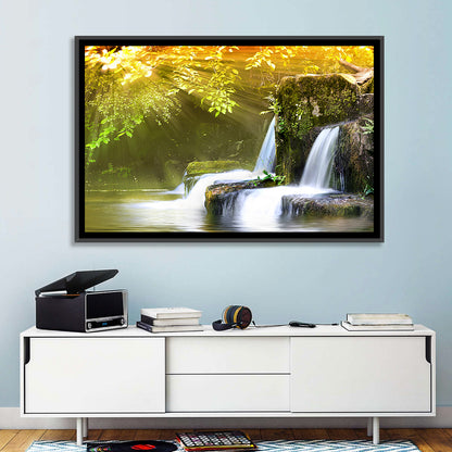 Sunlit Forest Waterfall Wall Art