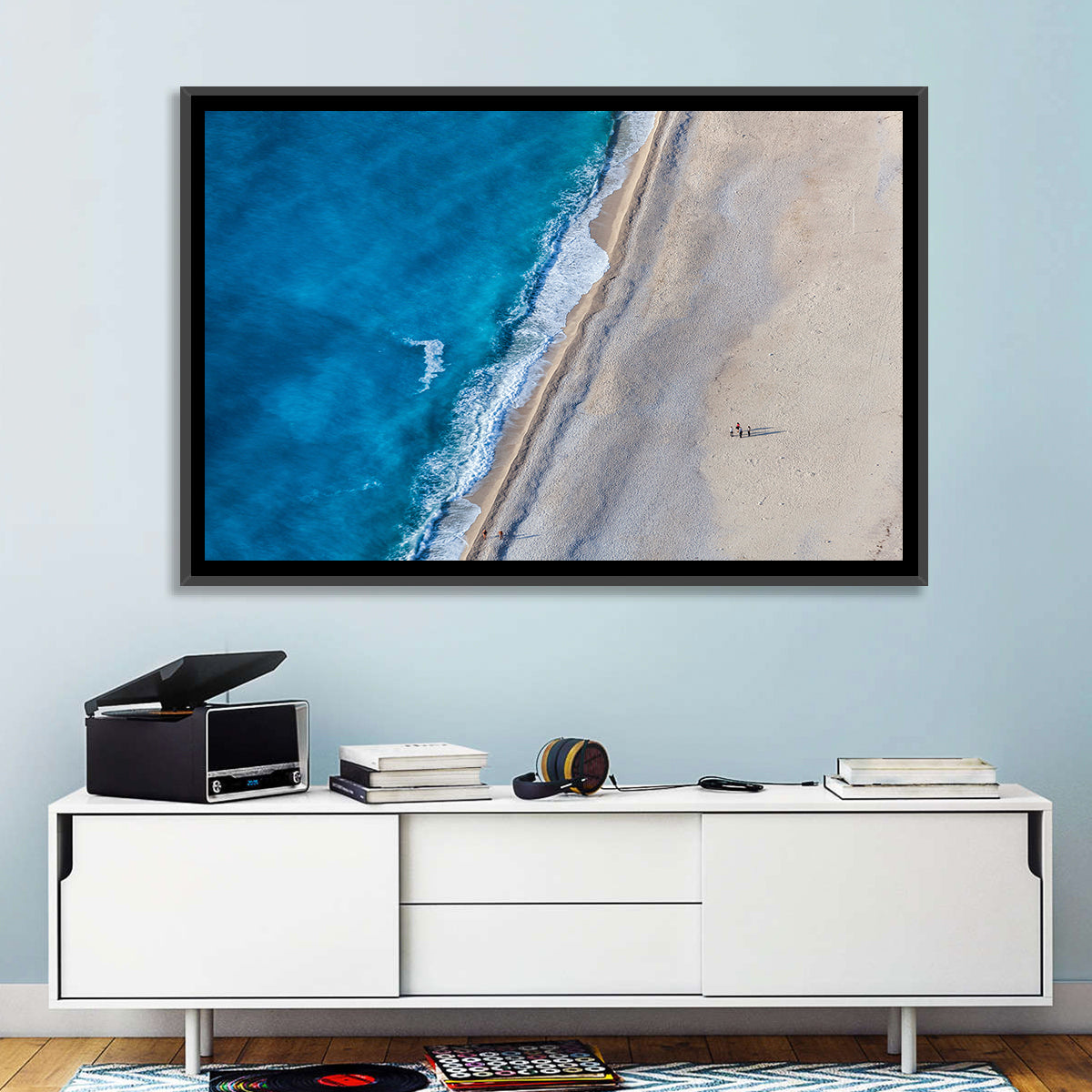 Myrtos Beach Aerial View Wall Art in a room, landscape