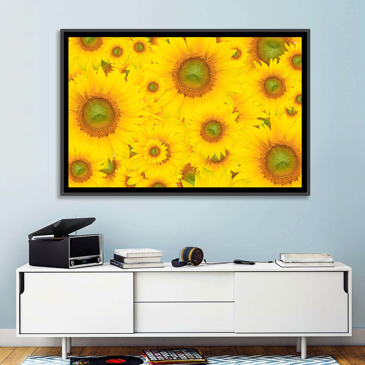 Sunflower Field Close-up in Yellow Wall Art in a room, landscape