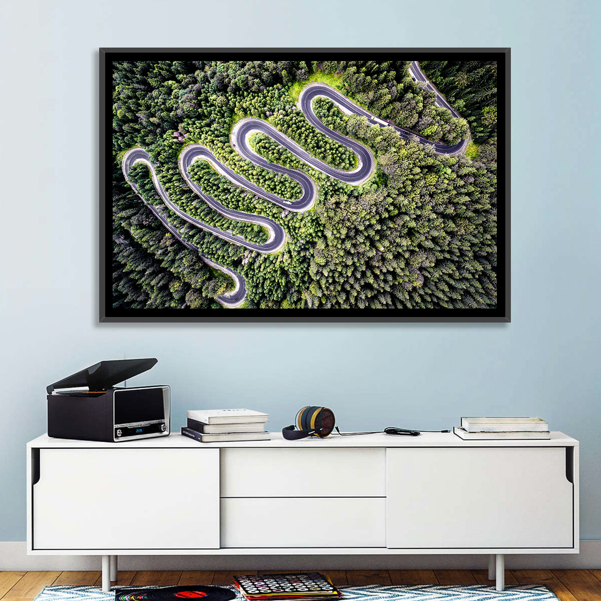 Serpentine Mountain Road Wall Art in a room, landscape