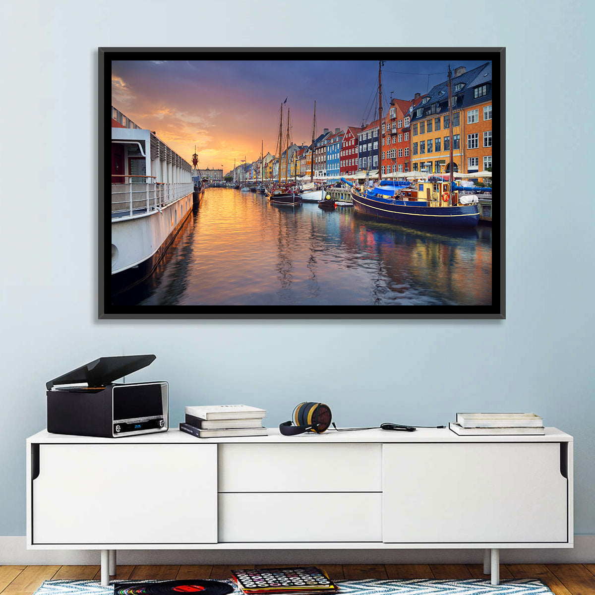Nyhavn Canal at Sunset Wall Art in a room, landscape