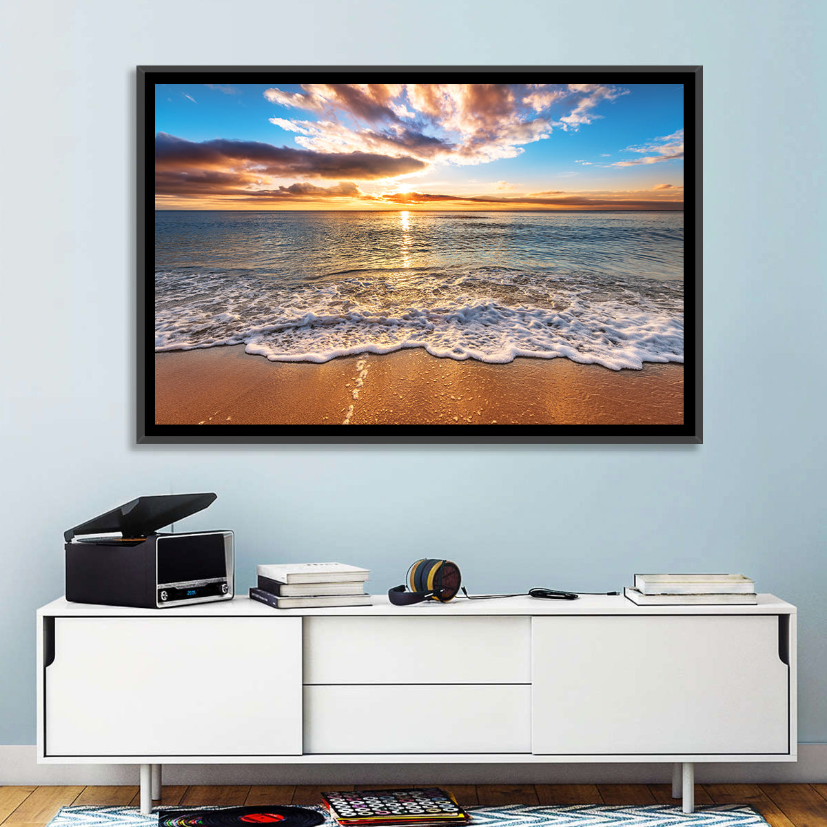 Golden Beach Sunrise Wall Art in a room, landscape