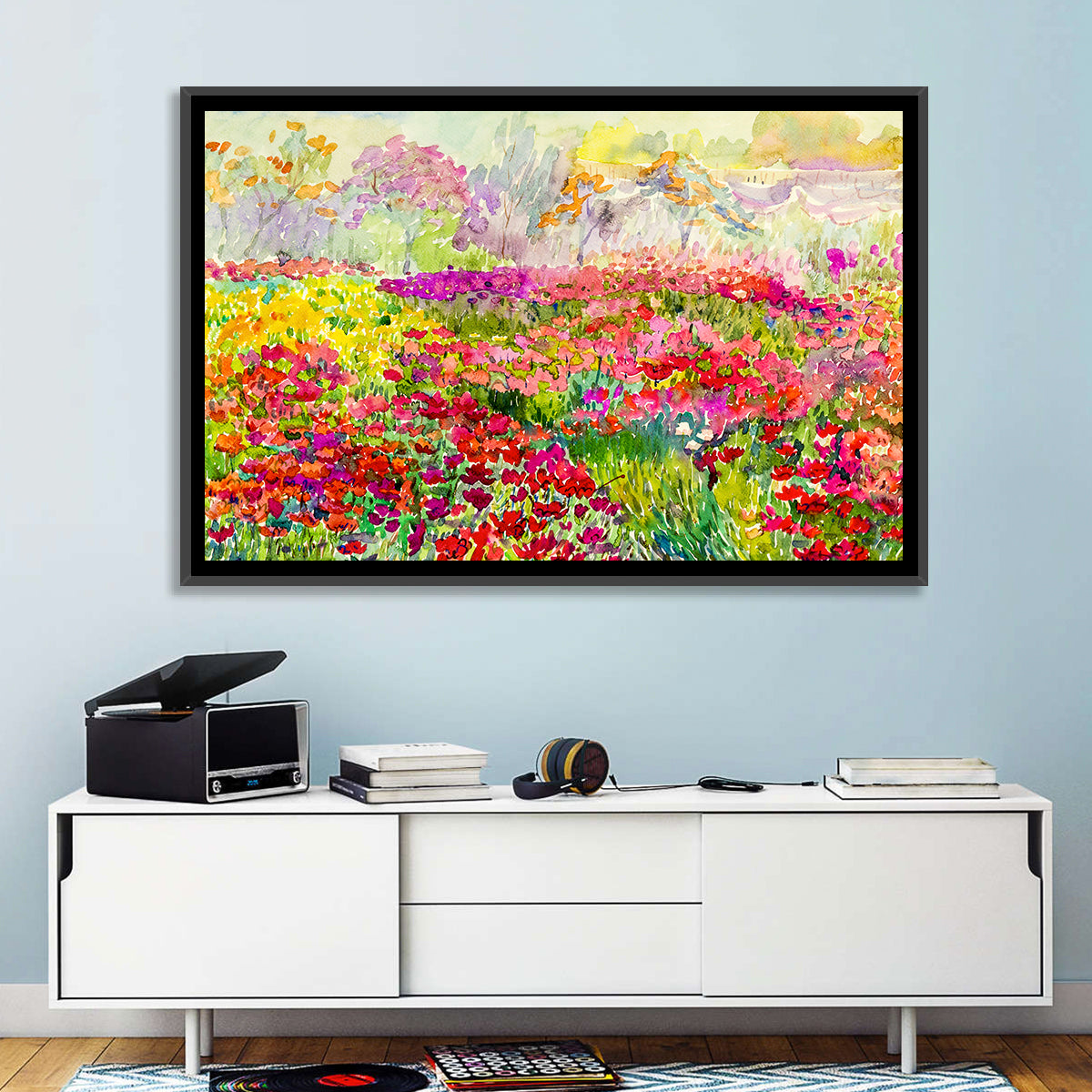 Summer Poppy Meadow Watercolor Wall Art in a room, landscape