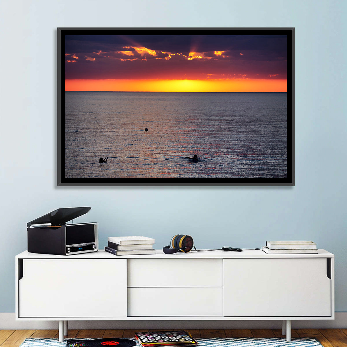 Balkhash Sunset Silhouettes Wall Art in a room, landscape