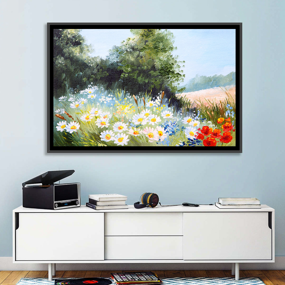 Sunny Daisy Meadow with Red Poppies Wall Art
