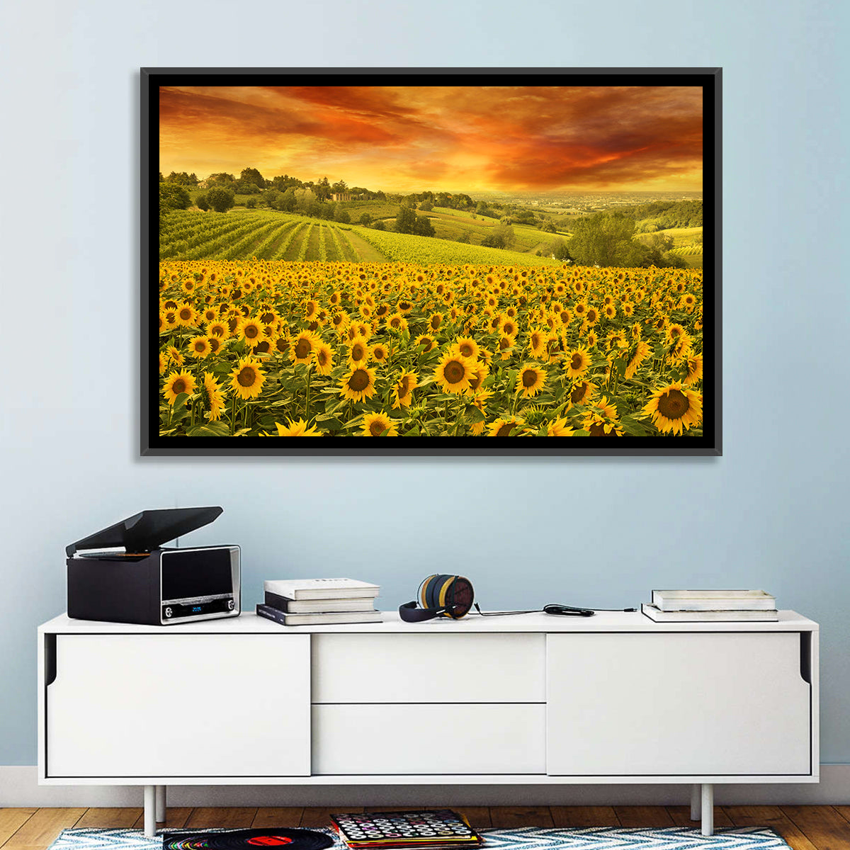 Sunflower Field at Golden Hour Wall Art in a room, landscape