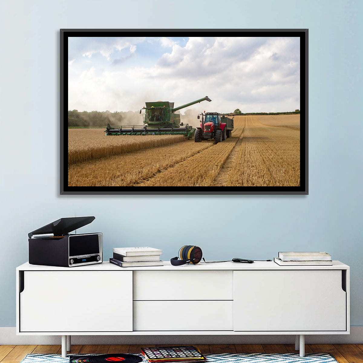 Wheat Harvest with Combine and Tractor Wall Art in a room, landscape