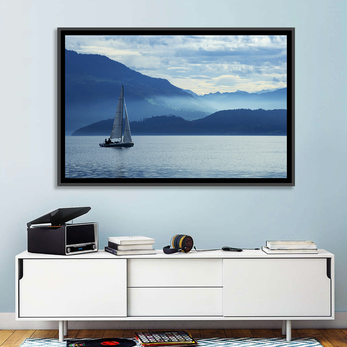 Lake Zug Sailing Wall Art in a room, landscape