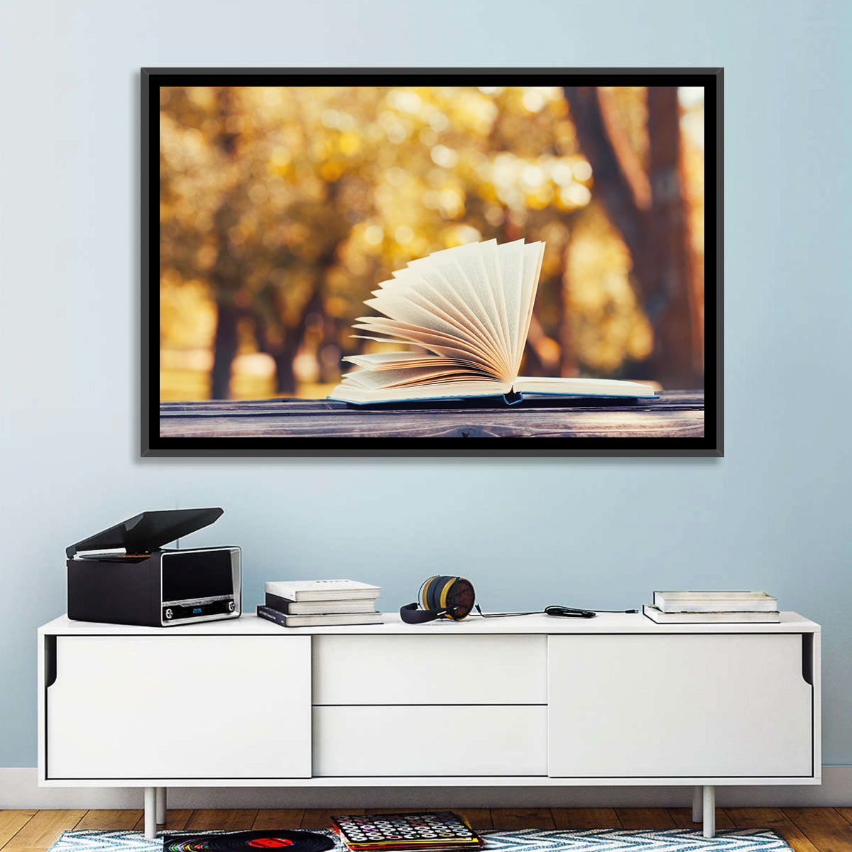 Open Book in Golden Autumn Light Wall Art in a room, landscape