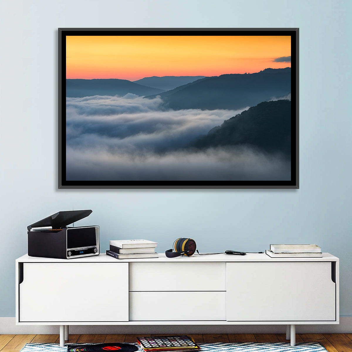 Foggy Mountains West Virginia Wall Art in a room, landscape