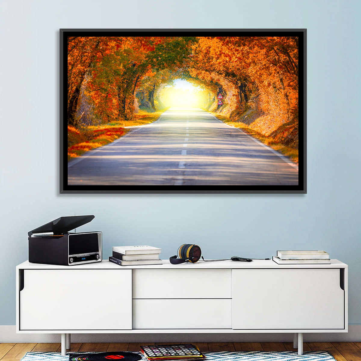 Golden Autumn Tree Tunnel Wall Art in a room, landscape