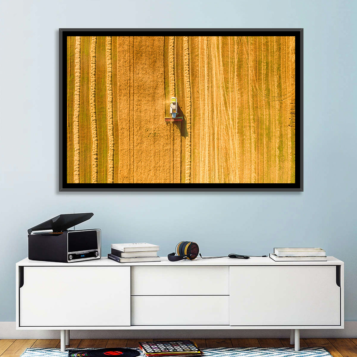 Aerial Wheat Harvest Wall Art in a room, landscape