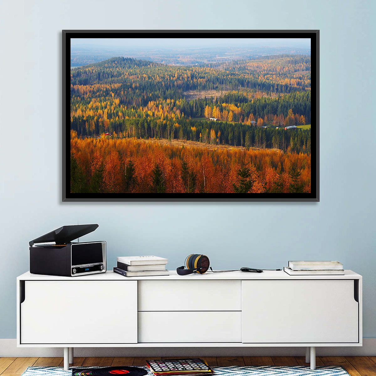 Finnish Autumn Landscape with Red-roofed House Wall Art in a room, landscape