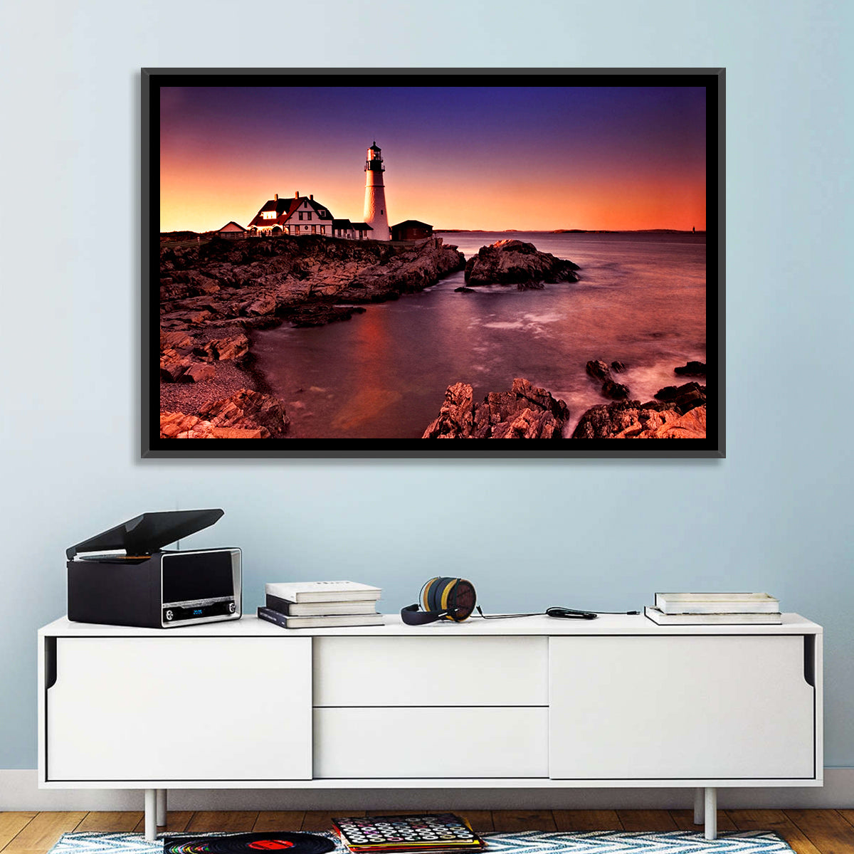 Portland Head Light at Dusk Wall Art in a room, landscape