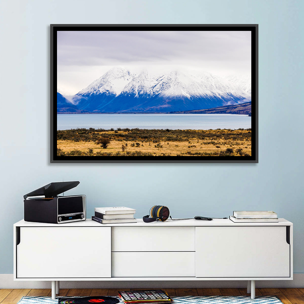 Lake Ohau Snowy Peaks Wall Art in a room, landscape