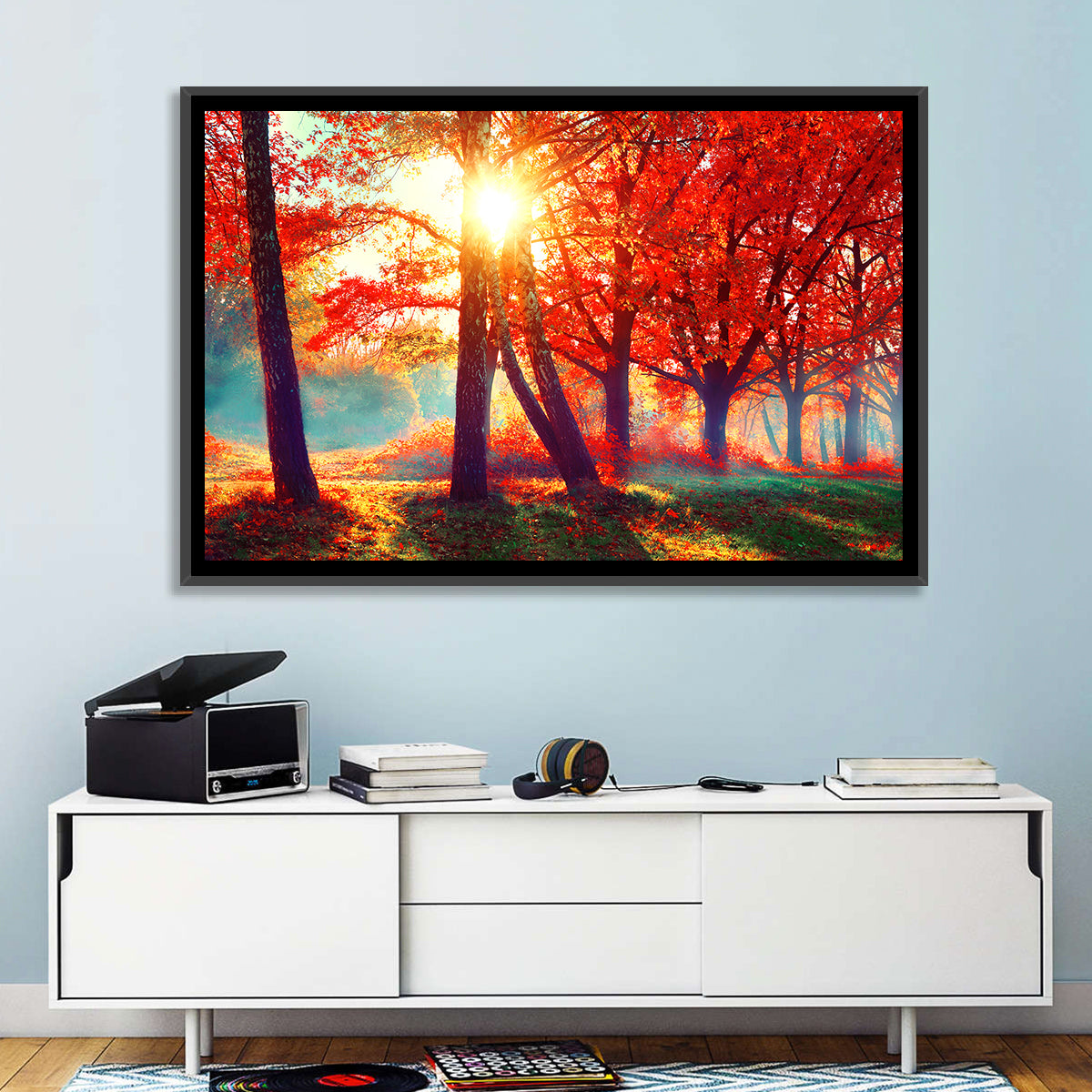 Autumn Park Sunrise Wall Art in a room, landscape