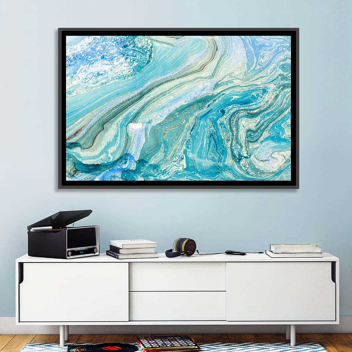 Aqua Marble Swirls with Silver Accents Wall Art in a room, landscape