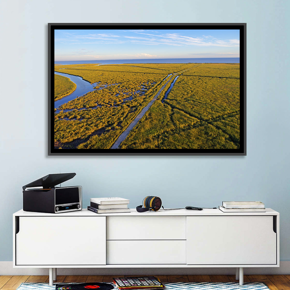 Delaware Bay Marshland Aerial Wall Art in a room, landscape