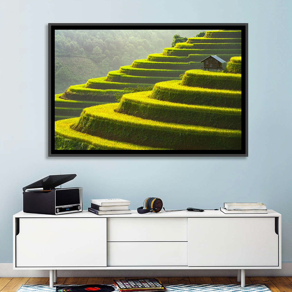 Golden Rice Terraces Wall Art in a room, landscape
