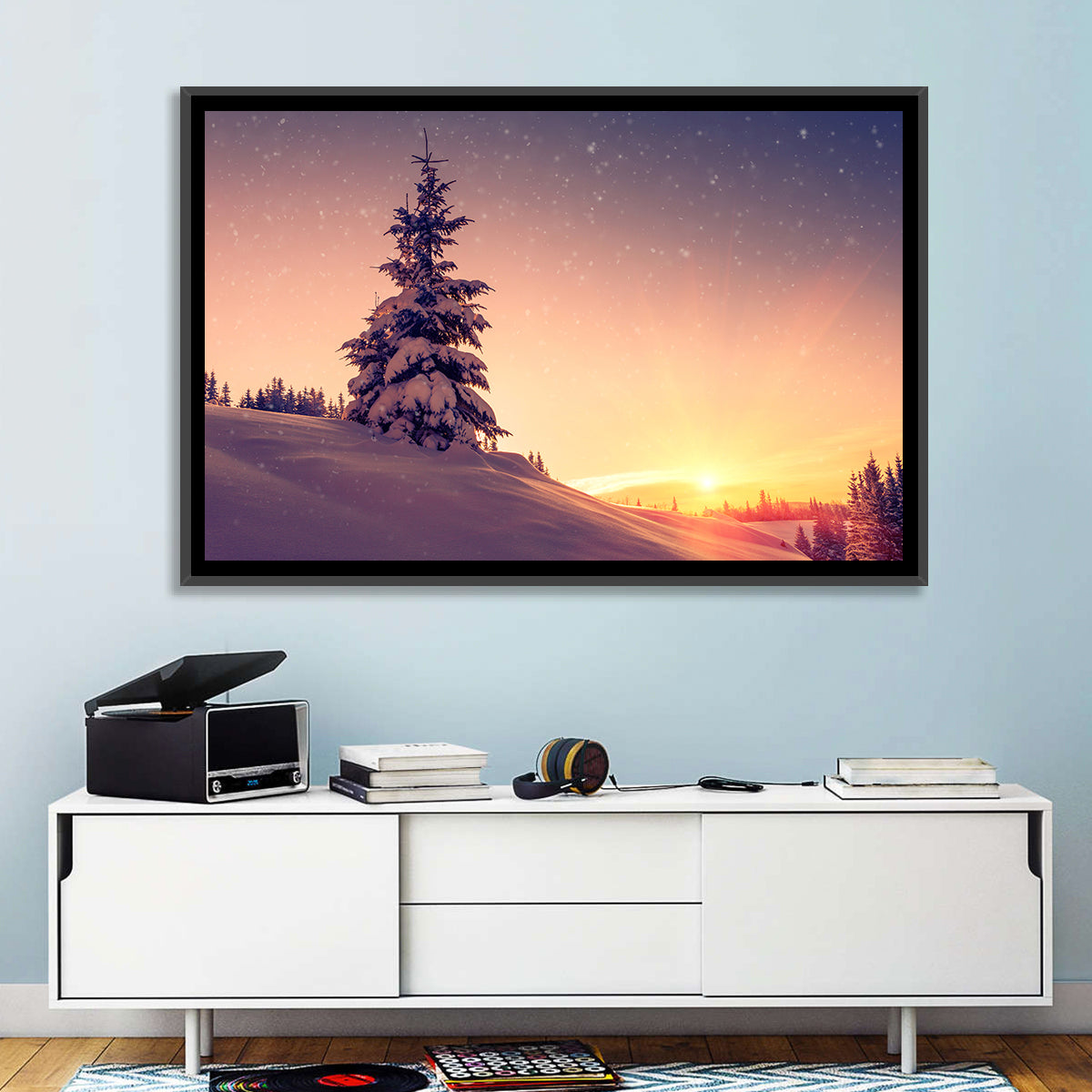 Snowy Sunset with Conifer Wall Art in a room, landscape