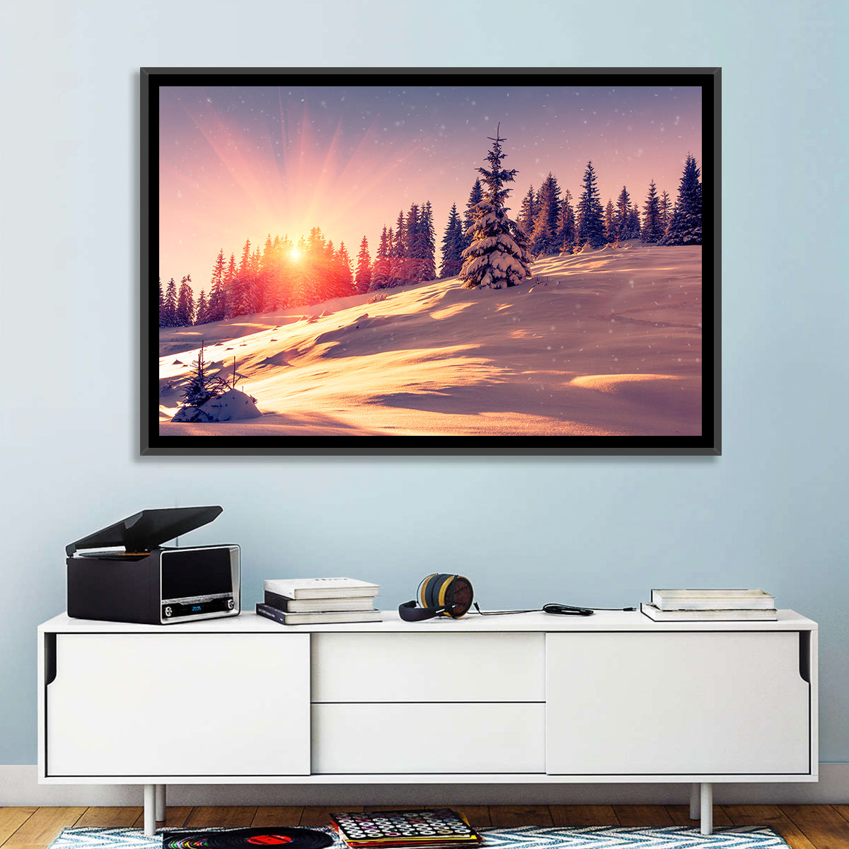 Winter Mountains Sunrise Wall Art in a room, landscape