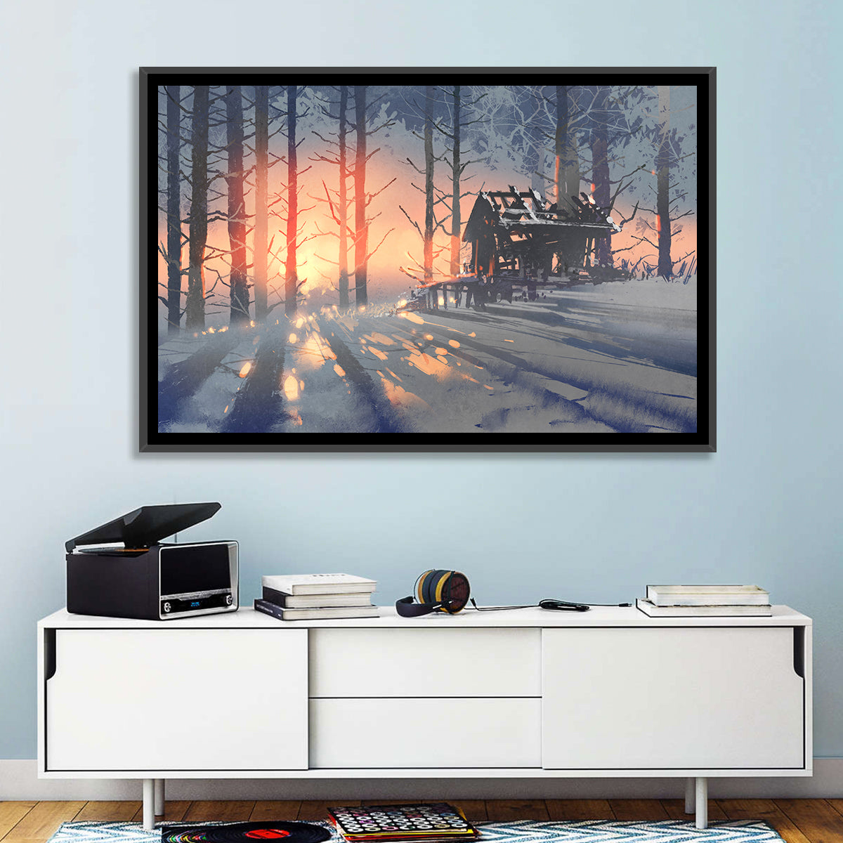Snowy Forest Cabin at Sunset Wall Art in a room, landscape