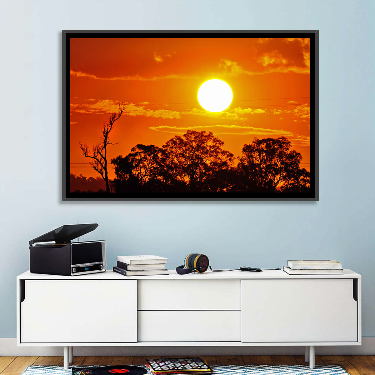 Burning Sun Over Tree Silhouettes Wall Art in a room, landscape