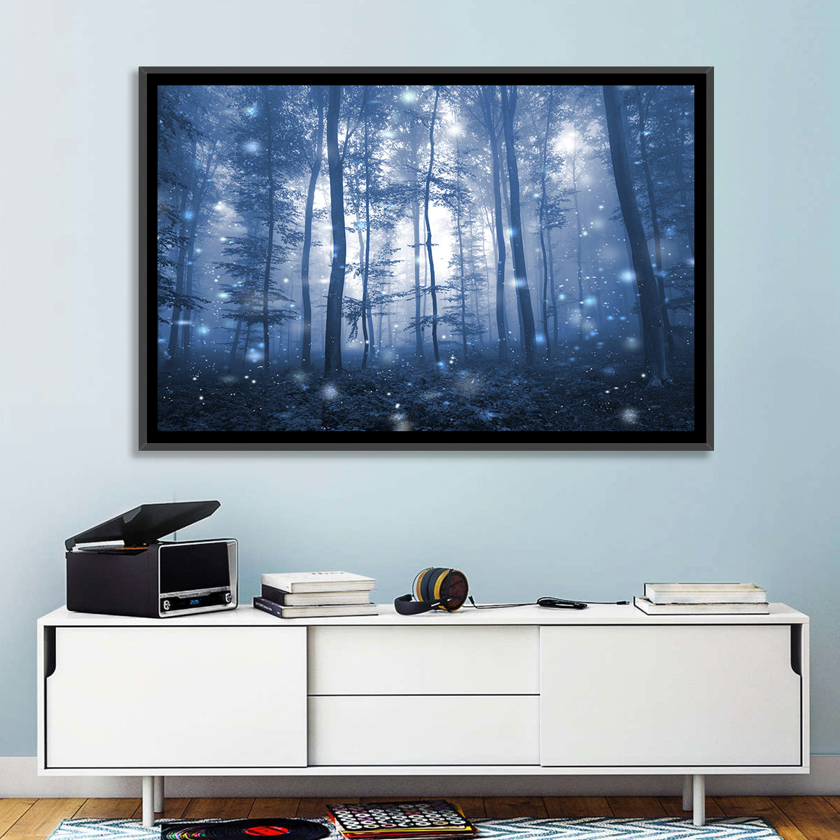 Blue Mist Forest at Twilight Wall Art in a room, landscape