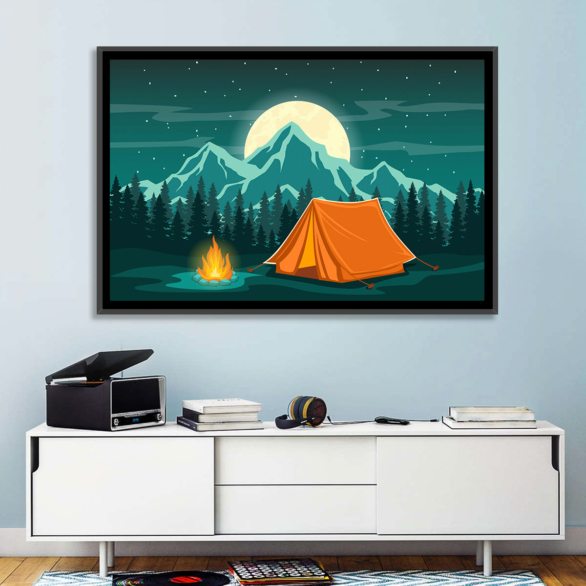 Moonlit Campfire Landscape Wall Art
